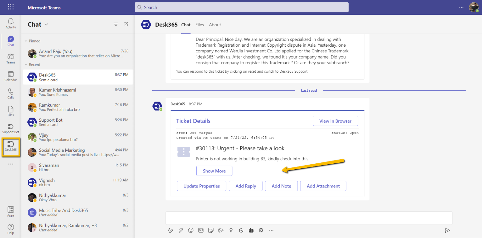 The Agent Bot helps your support team collaborate and respond better using the power of Microsoft Teams. They can assign tickets, add notes, check on statuses, change ticket properties, reply to customers, all without leaving Microsoft Teams.