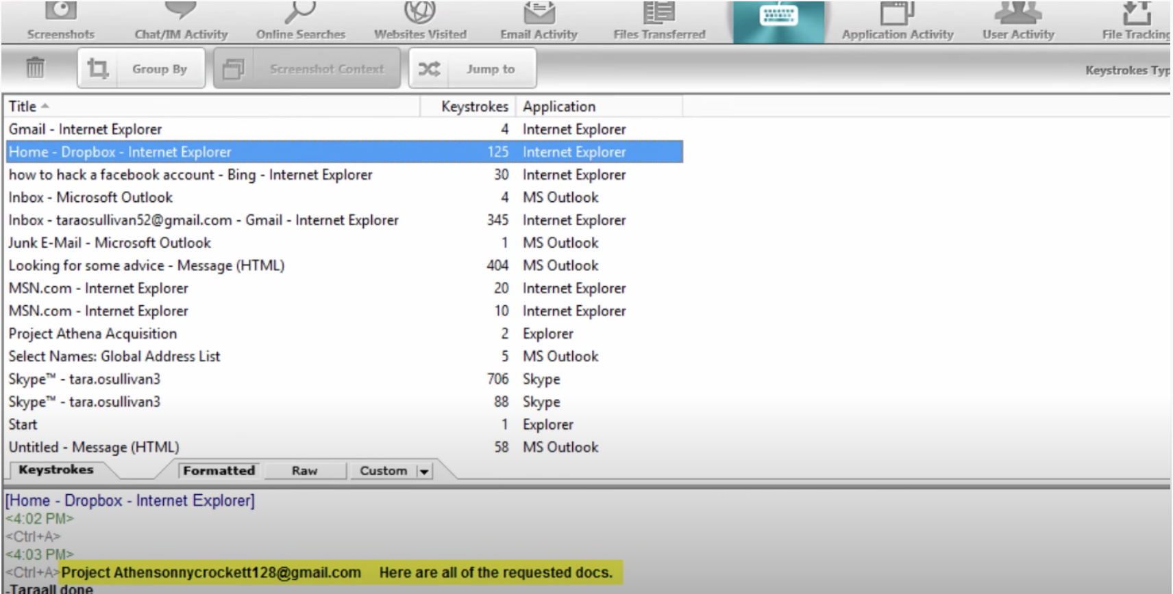 Veriato Investigator keystrokes and applications