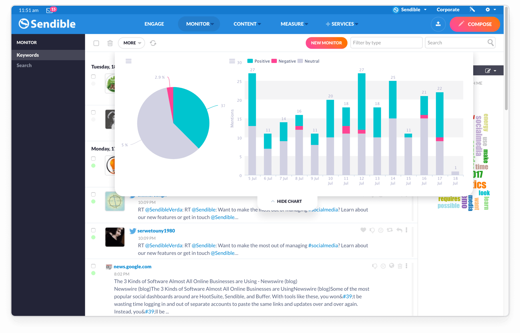 Proactively monitor conversations on Facebook, Twitter, Instagram, YouTube and LinkedIn to keep you in the know. Respond to comments and direct messages in one place and keep an eye on your client's brand, industry and competitors.