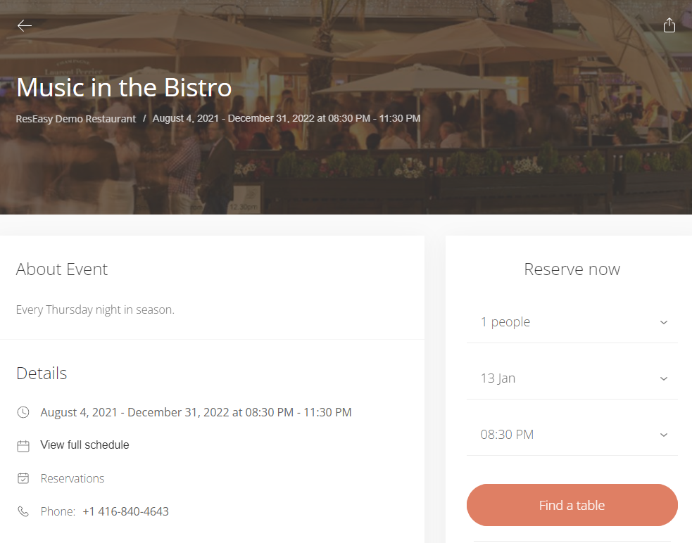 Set up events like a mini-restaurant with separate availability, cover limits, online widget and more.