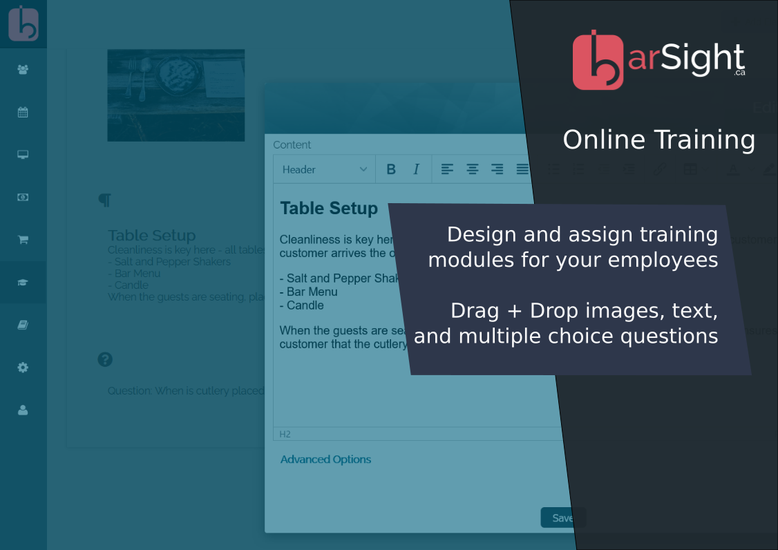 BarSight Software - Designing training modules is a snap with BarSight.  Each training module can include, images, text, and multiple choice questions to be answered by the employees.