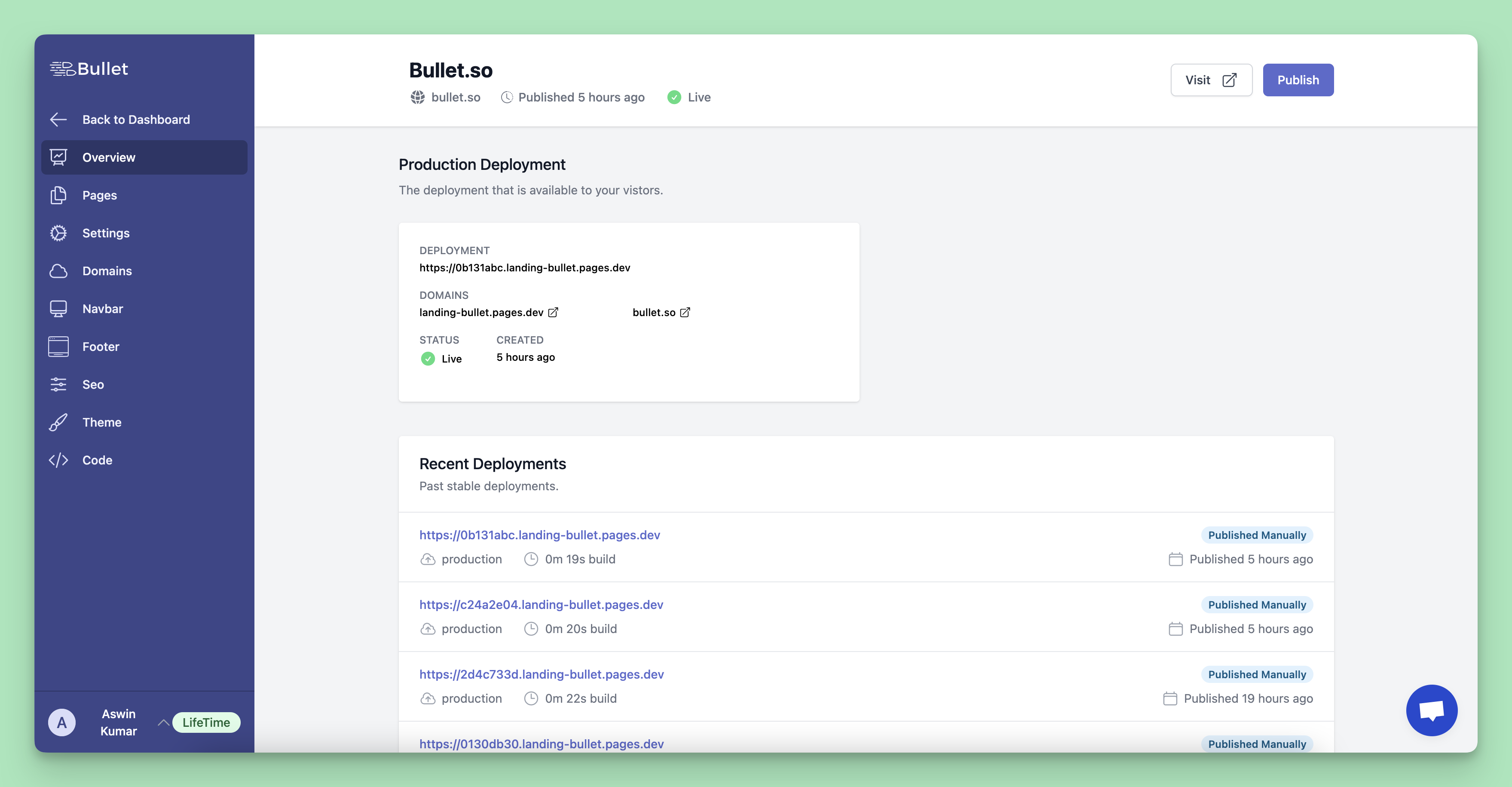 Bullet.so screenshot: Dashboard