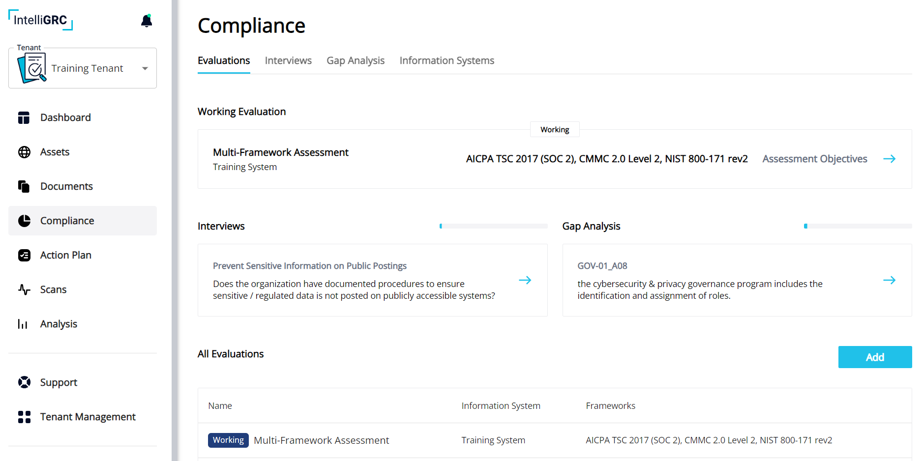 Compliance workspace for interviews, gap analysis, and scoping information system boundaries.