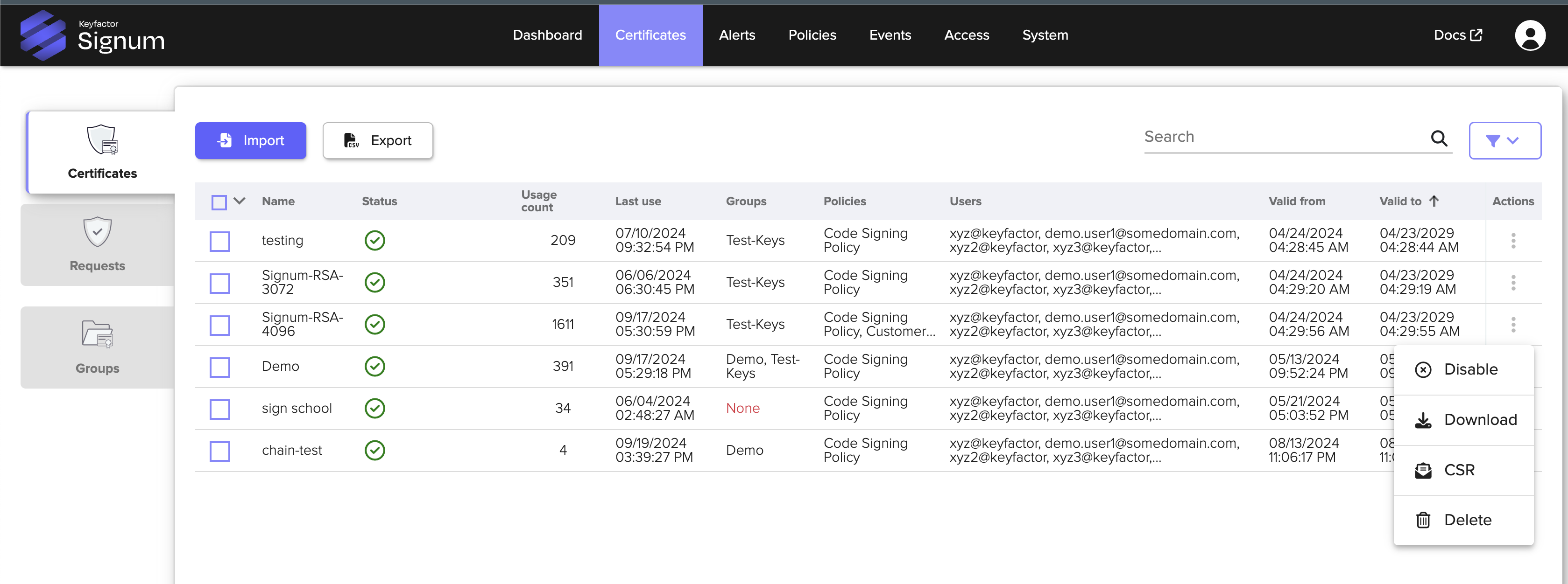 Keyfactor Signum screenshot: Keyfactor Signum
Certificate management dashboard
