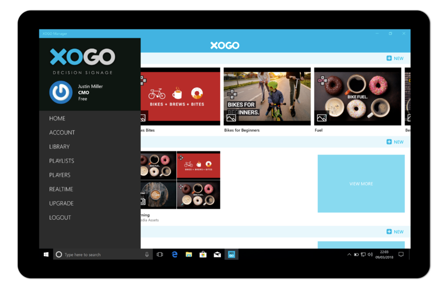 XOGO Decision Signage Software - Users can navigate easily to their content library or playlists