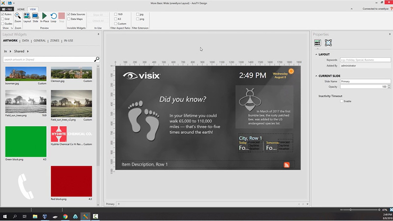 AxisTV Signage Suite Software - Start with our default content to customize your messages, templates and layouts. Simply drag and drop backgrounds, text, graphics, videos, streams, and webpages into your digital signage designs, then sync to the CMS when you're ready to schedule.