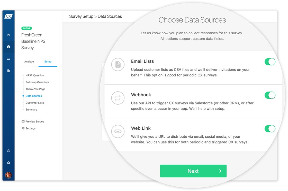 Upload customer lists, and import NPS data captured with SurveyMonkey and TechValidate