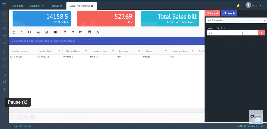 Checkout Hopper search for invoices