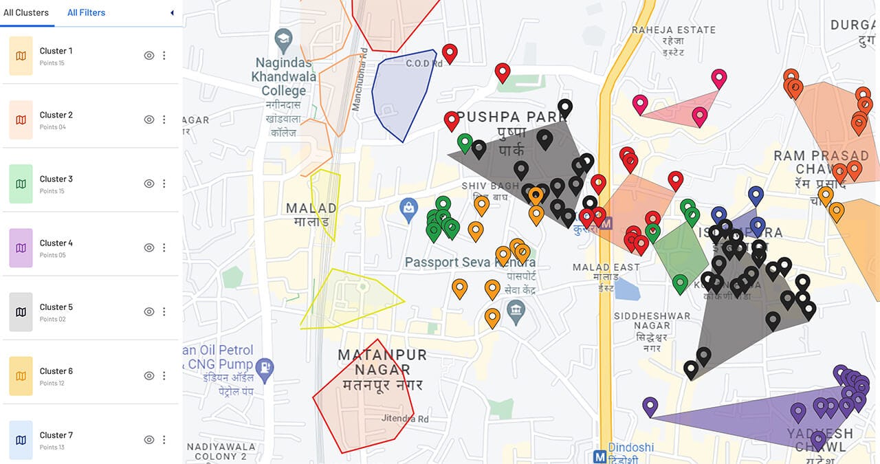 Dista Insight Software - Dista Insight dashboard showcasing multiple territory clusters and overall business presence.