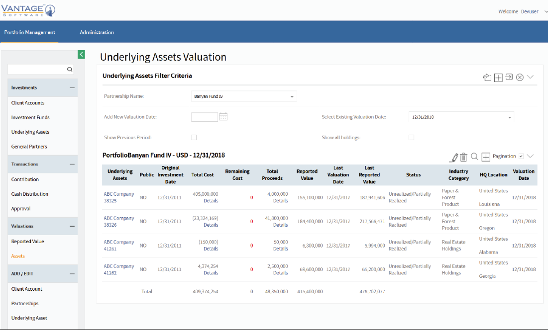 Vantage Portfolio Accounting screenshot: Vantage Portfolio Accounting dashboard