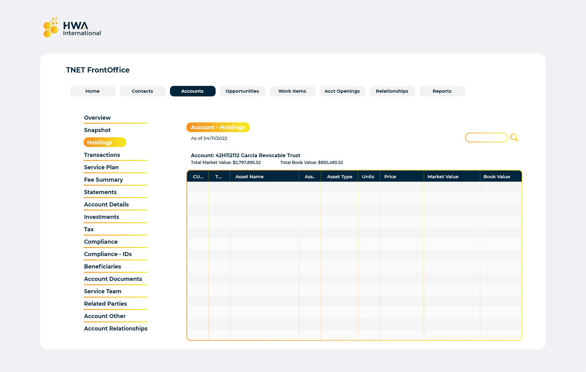 TNET Front Office screenshot: TNET Front Office account holding