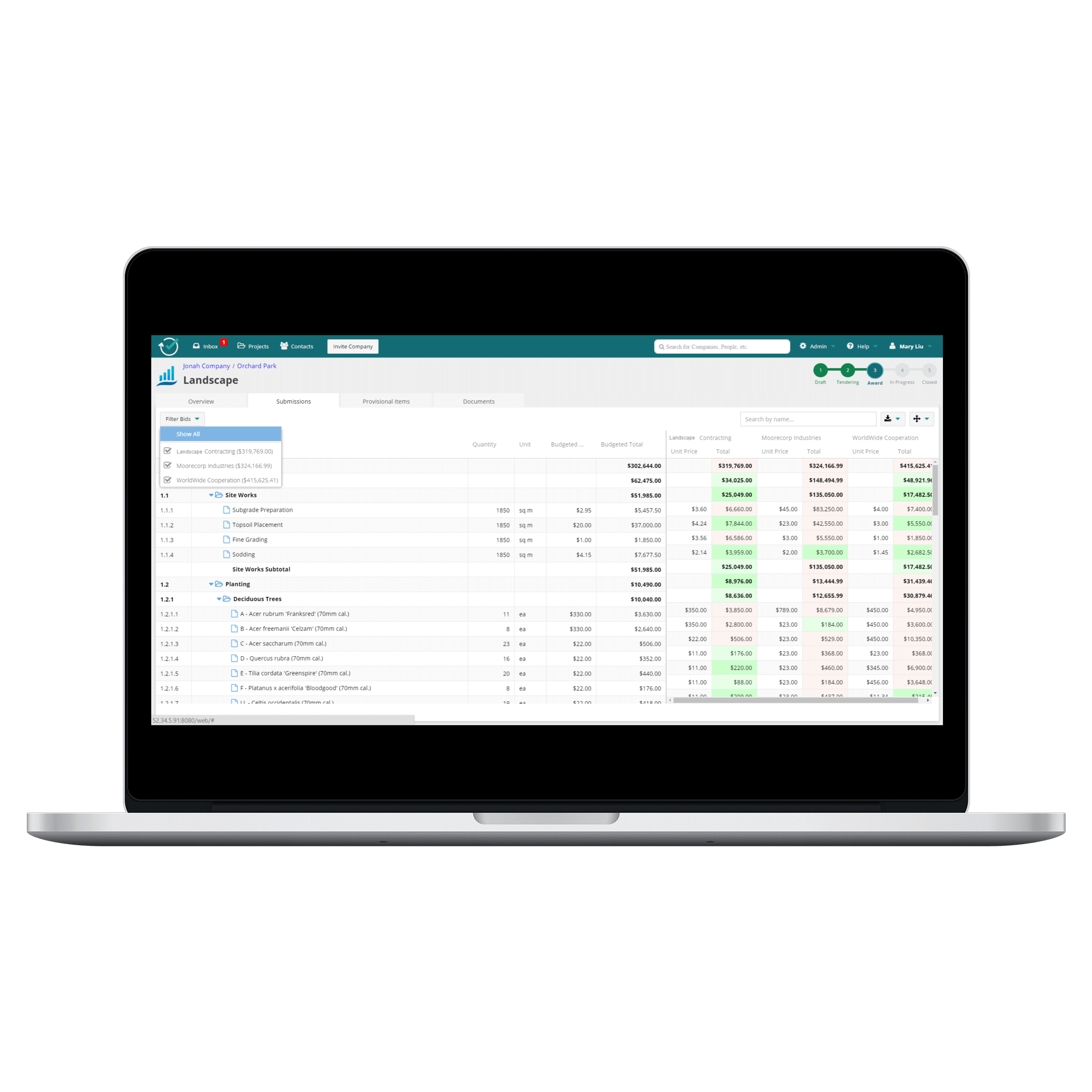 ContractComplete screenshot: Detailed bid comparison allows for comparison with average or budgeted unit prices
