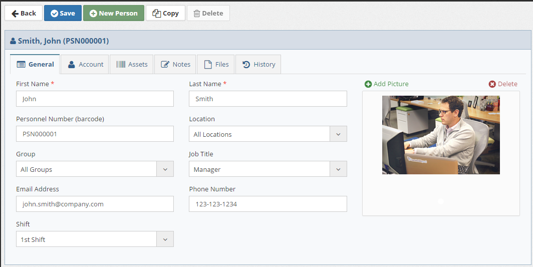 Fill-in personnel form with name, job title, phone number, and more