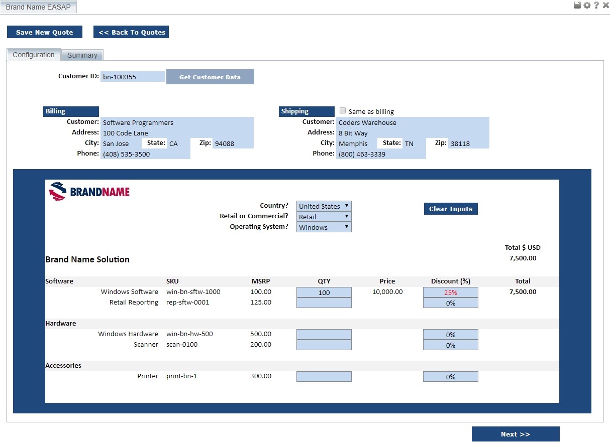 Example quoting tool showing the browser accessed user interface. Behind the scenes, running on the backend EASA is driving the quoting spreadsheet, a relational database and the Salesforce CRM  system.
