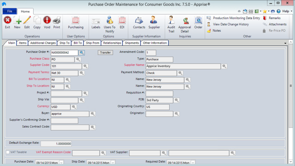 Aptean Distribution ERP Software - Purchase order module with payment terms and supplier details