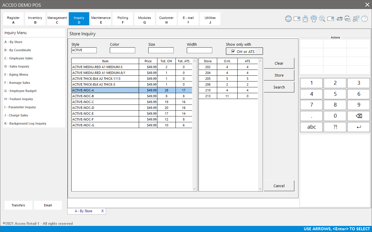 ACCEO Retail-1 Software - Inquiry Menu