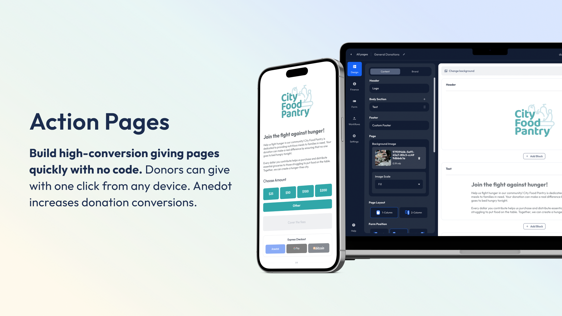 Anedot screenshot: Build high-conversion giving pages quickly with no code. Donors can give with one click from any device. Anedot increases donation conversions.