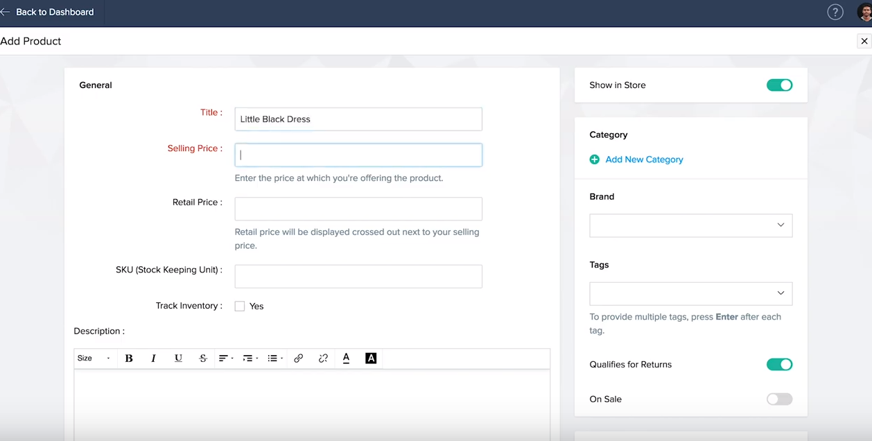 Zoho Commerce adding product