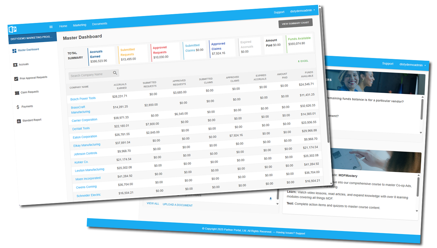 Co-Op MDF Management screenshot: PartnerPortal by CMR - Co-Op/MDF Module (Distributor)