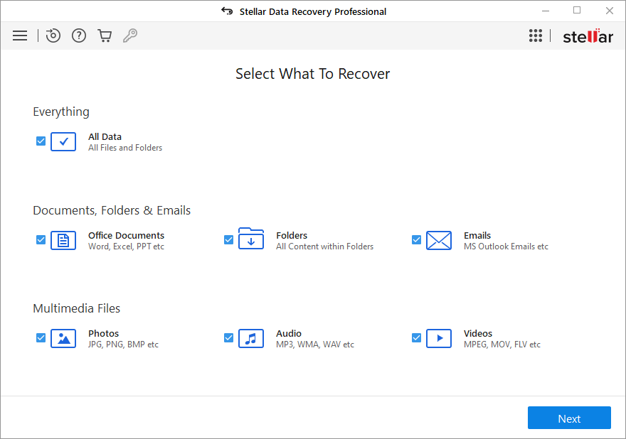 Select the type of data that you want to recover and click 'Next.'