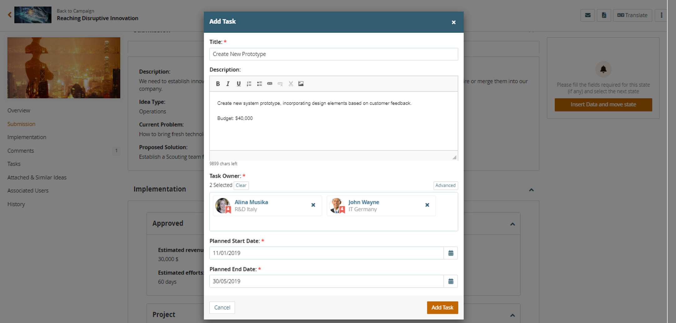 Qmarkets Idea Management Software - Qmarkets' Project Management Task Assignment Form