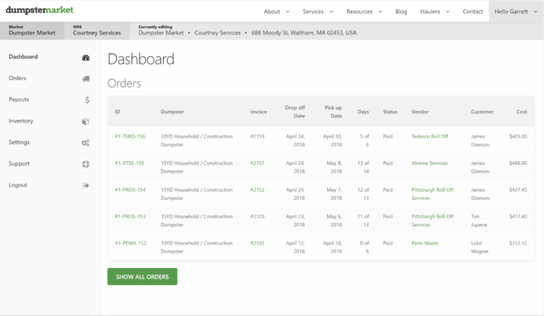 Dumpster Market screenshot: Dumpster Market dashboard