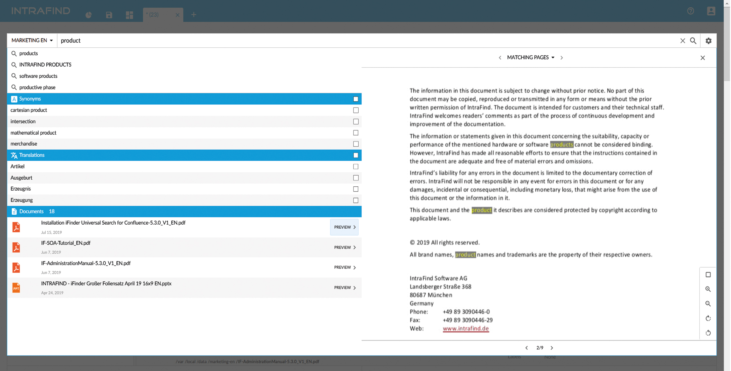 iFinder screenshot: Intelligent autocomplete Including for multi-word phrases, with secure search functionality and typo correction