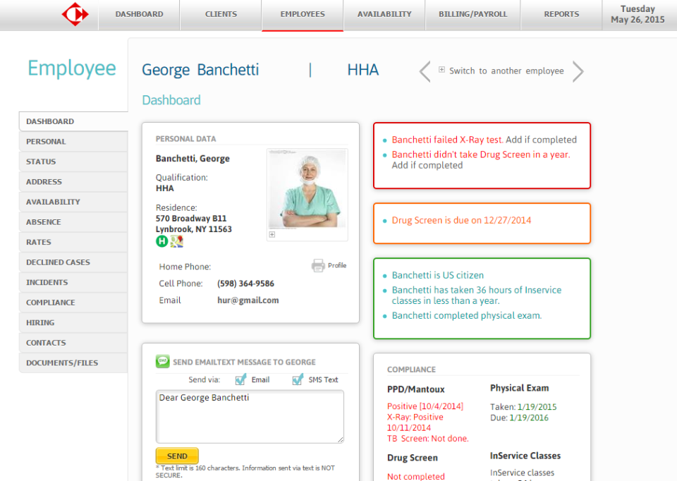 Carecenta Software - Users can view employee-specific compliance details on employee profiles in Carecenta