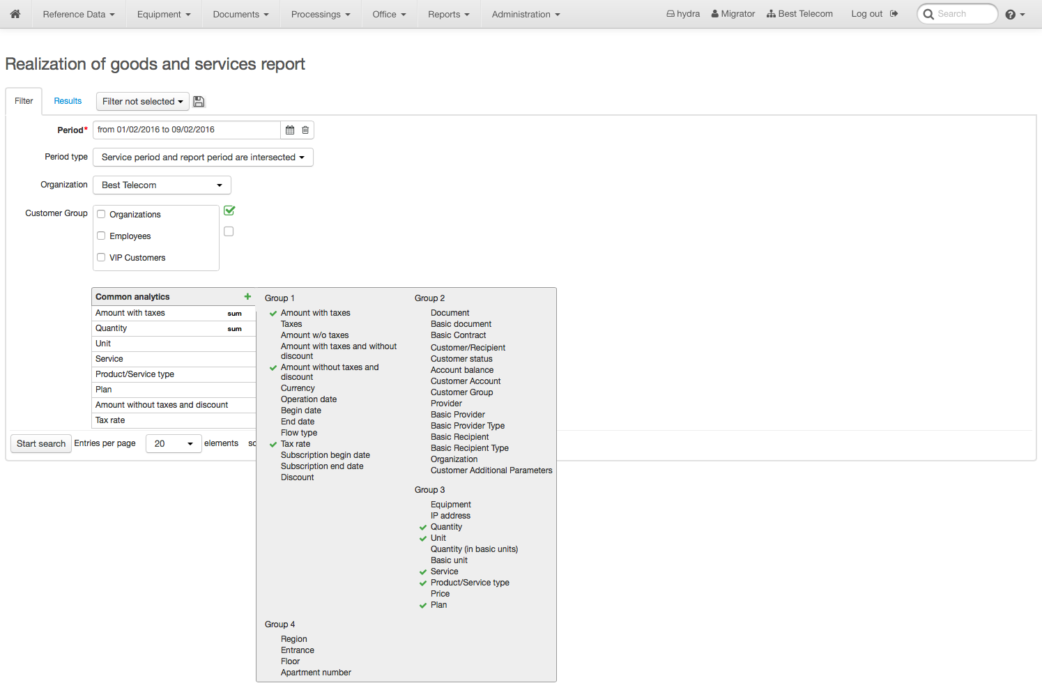 Hydra Billing Software - Realization of goods and services report