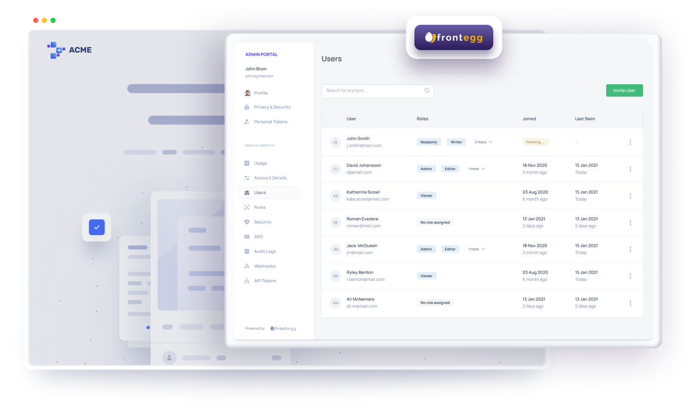 Frontegg’s admin portal serves as your end-users settings area, via a customer facing UI-thumb