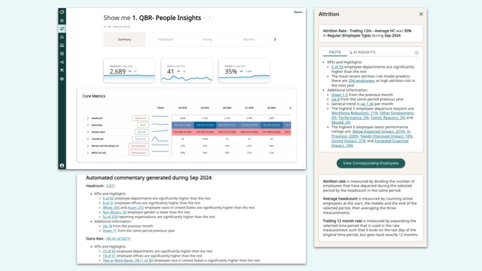 Included screenshot: Transform your data into impactful stories with automated commentary from generative AI, delivered in seconds. Ready-to-use visual stories help every stakeholder quickly understand the most important insights.