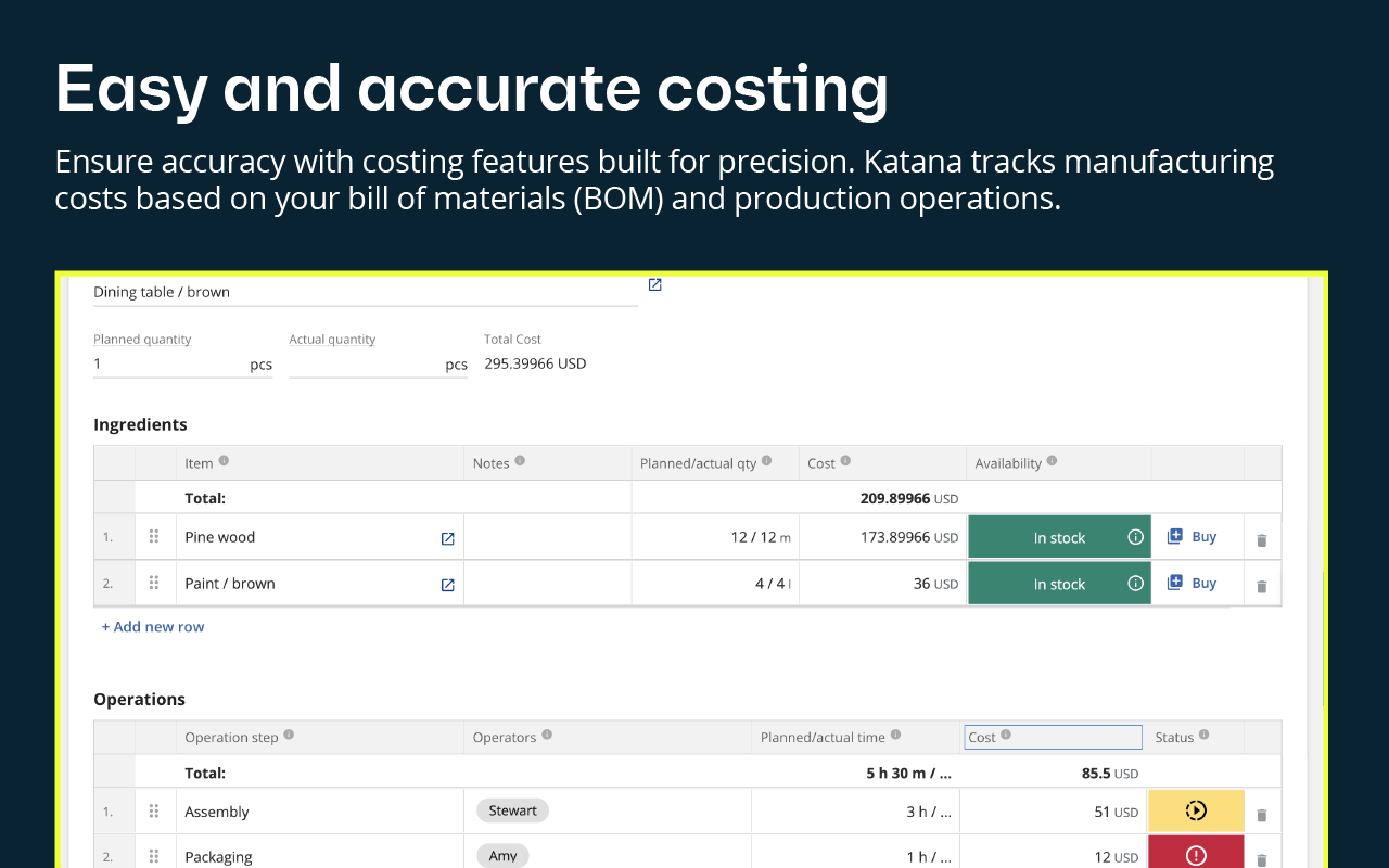 Katana Manufacturing ERP Software - Manage manufacturing cost on BOM, production operations