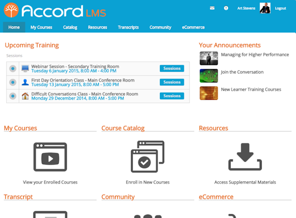 Accord LMS screenshot: Learners stay up to date with Accord's intuitive Learner Dashboard featuring targeted announcements, training calendar, assigned courses, and other helpful features