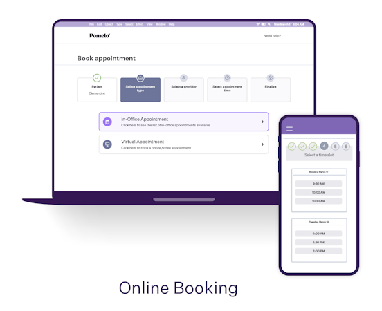 Pomelo Health screenshot: Allow your patients to book their appointments online and save over 120 hours of staff-time per employee, per month.