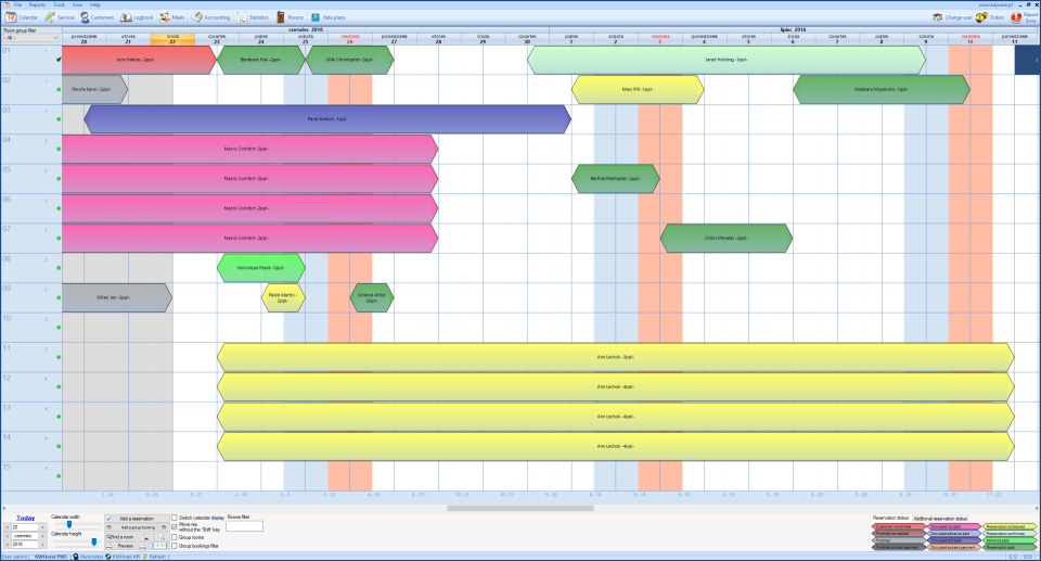 KWHotel screenshot: The color-coded calendar view provides intuitive occupancy presentation, promising quick access to hotel reservations