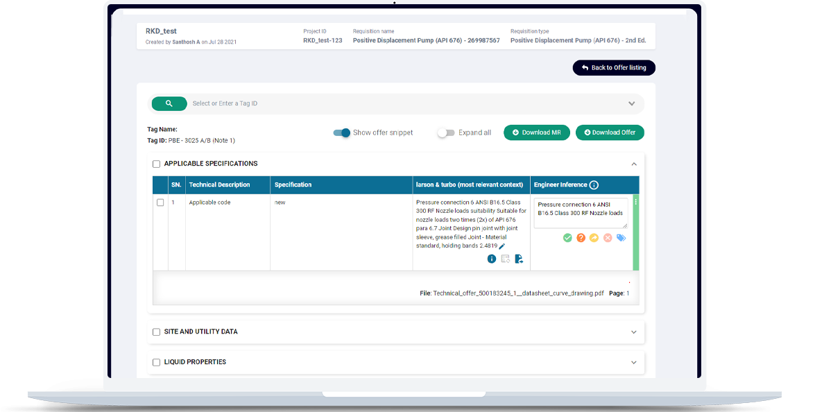 Rudy screenshot: Engineers can upload material requisitions and supplier technical responses.