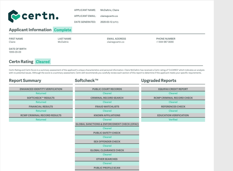 Certn Software - Easy-to-read reports with summary