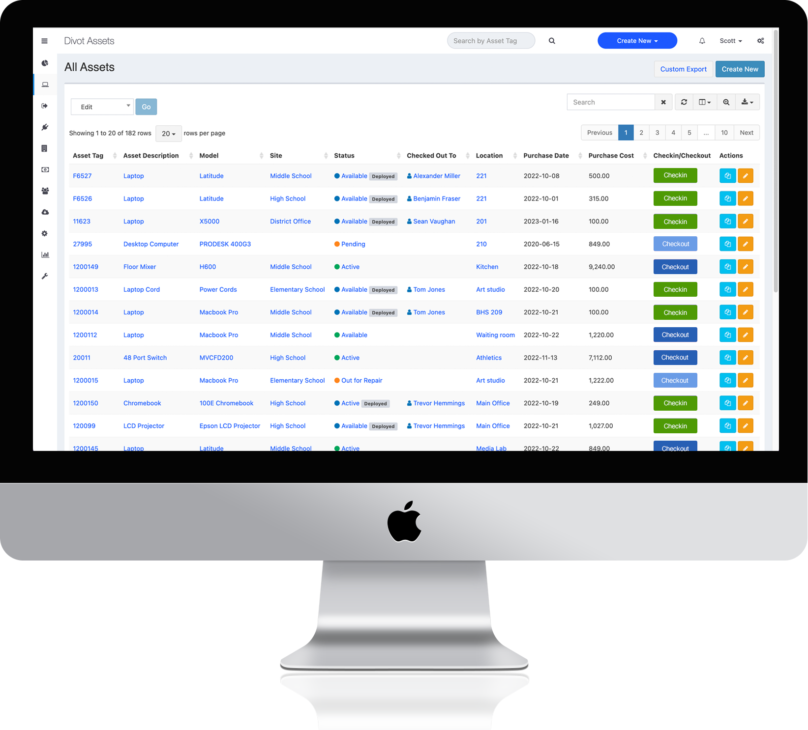 K12 Asset Pro screenshot: All assets page view, with examples of individual asset's status, location, and check-out/check-in capabilities.