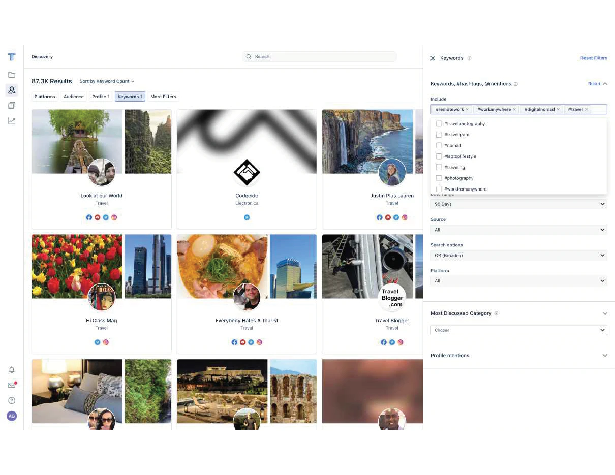 Tagger Software - Users can search Profiles in Discovery using keywords, hashtags, mentions, phrases, and even emojis in the context of posts and bios for any connected social sites.