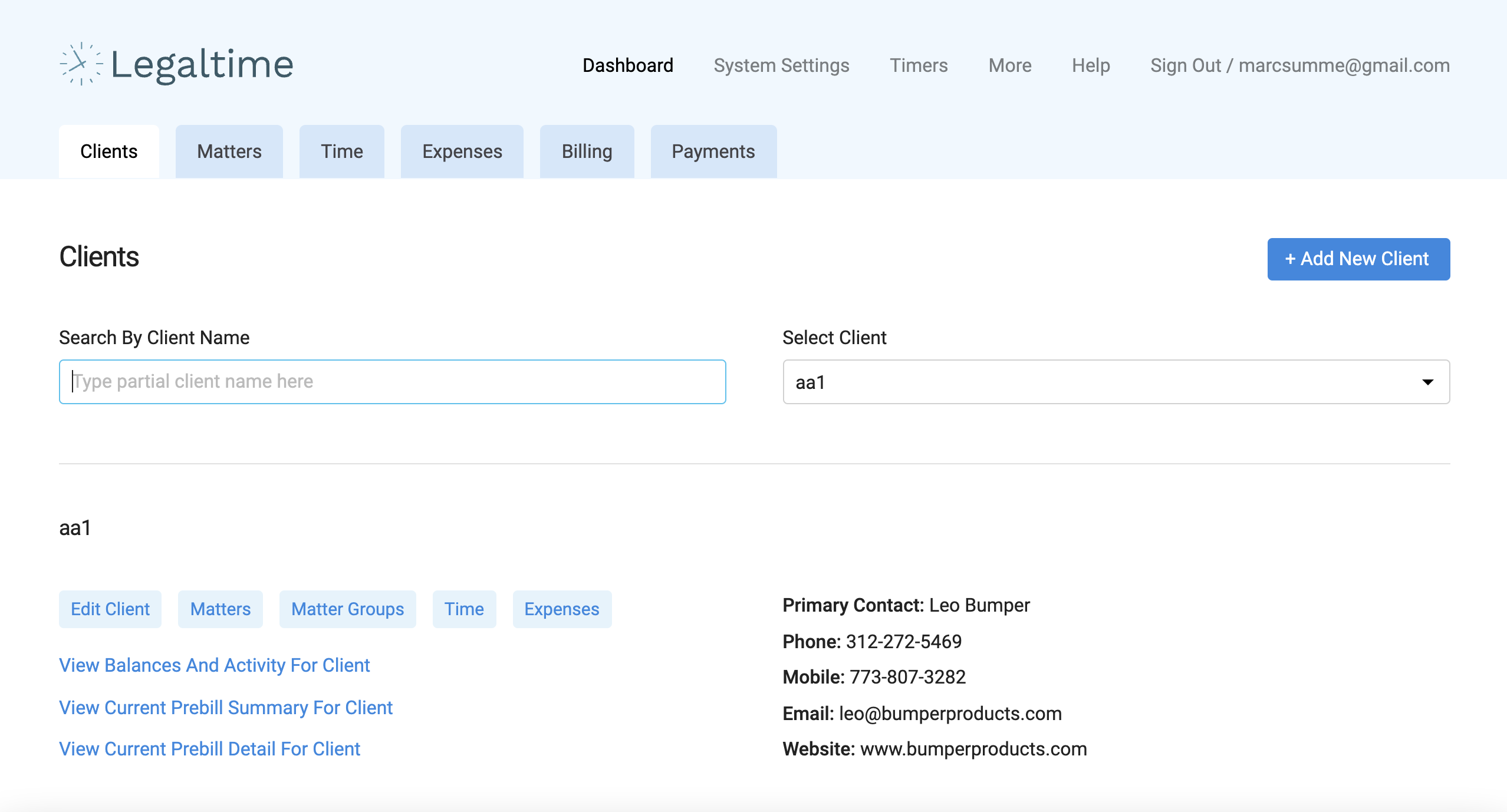 Legaltime screenshot: Client Management