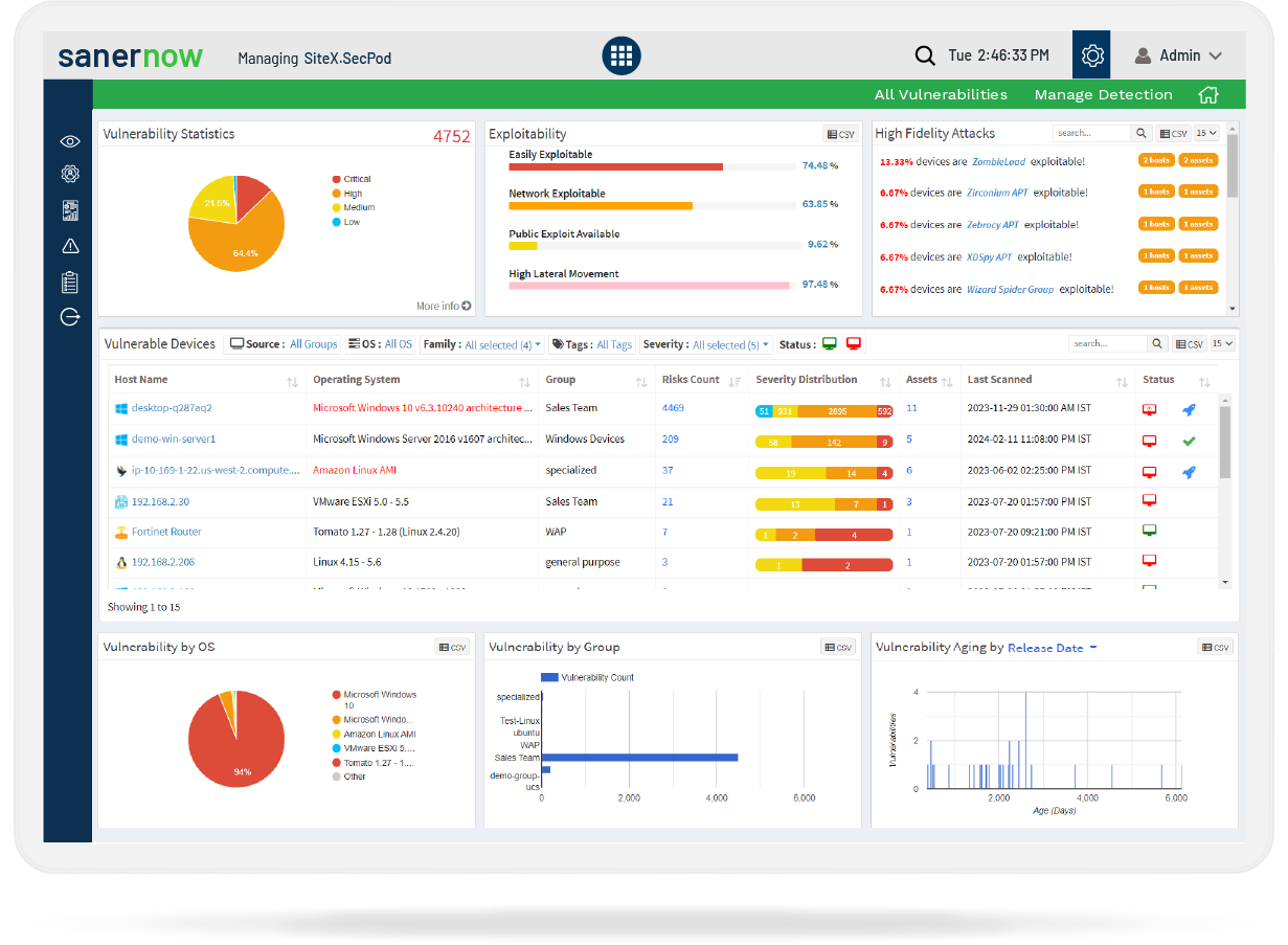 Saner CVEM screenshot: SanerNow Vulnerability Management Software with the fastest 5 mins scans in the industry and 190,000+ vulnerability checks.