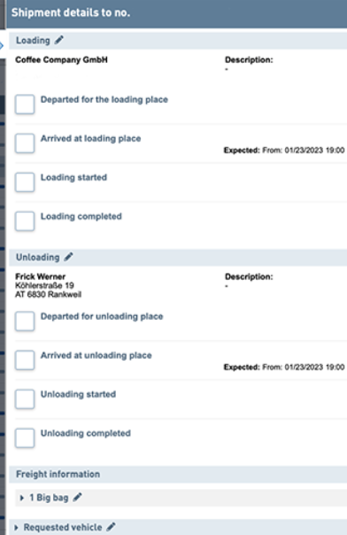 TIMOCOM Live Shipment Tracking fill shipment details