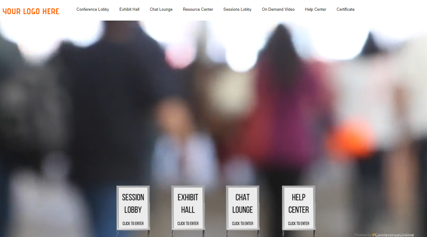 The conference lobby supports your own video or still image backgrounds, your own signage, customization with logo, title and event tagline-thumb