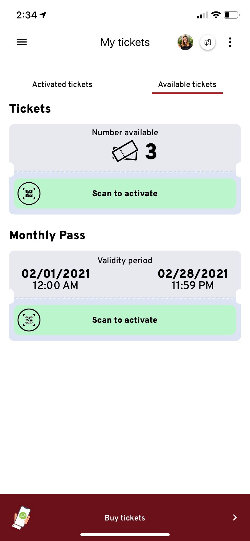 Easily see the tickets you've purchased as well as if they are activated or not. Quickly activate a ticket when ready to use it.-thumb