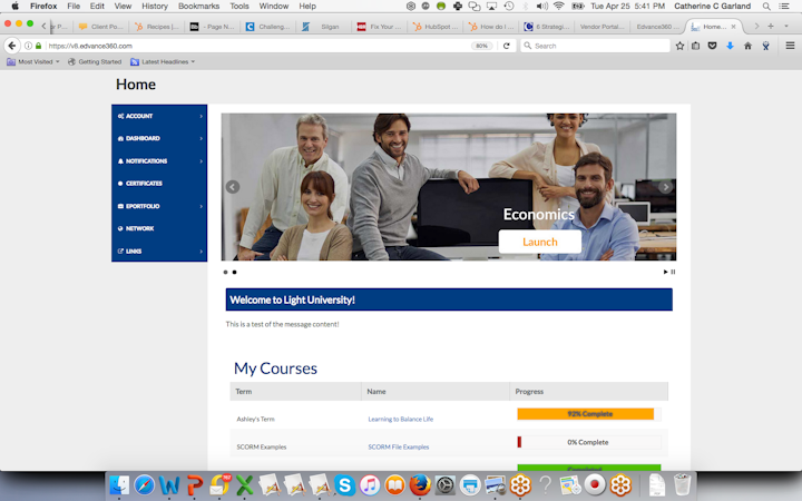 Edvance360 screenshot: Learner's Home Page, showing announcements and courses.
