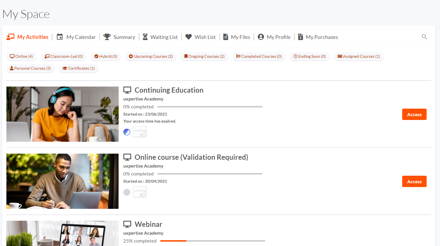 Learner space to access enrollments, wish list, waiting list, profile, dashboard, purchases, etc.