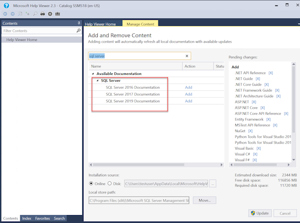 Microsoft SQL Server screenshot: SQL Server add or remove content