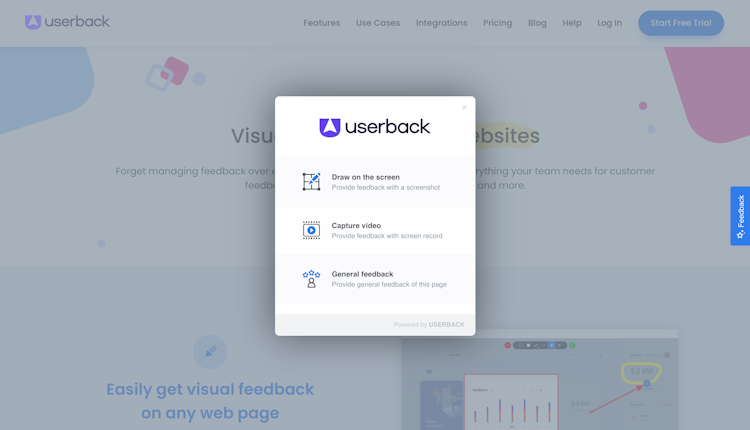 Userback screenshot: Easily collect user feedback and bug reports from your website or application.