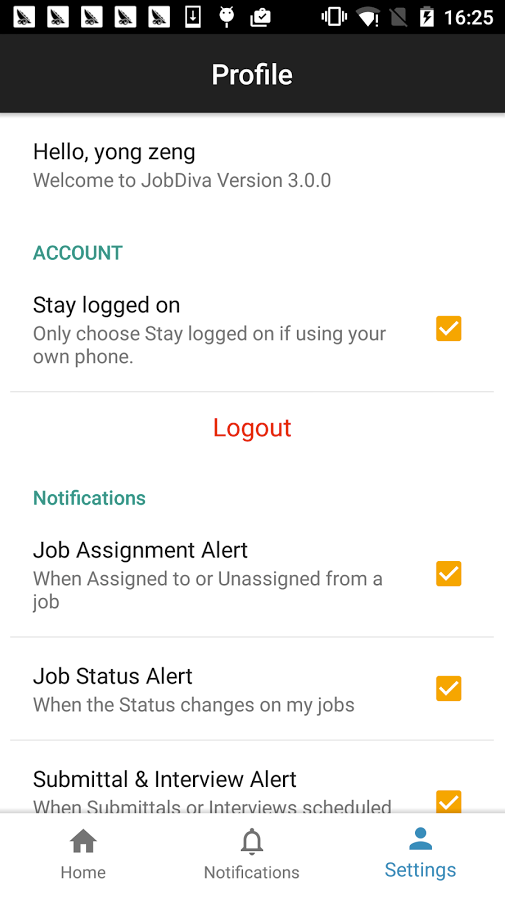 JobDiva Software - Configure user profile settings and mobile alerts