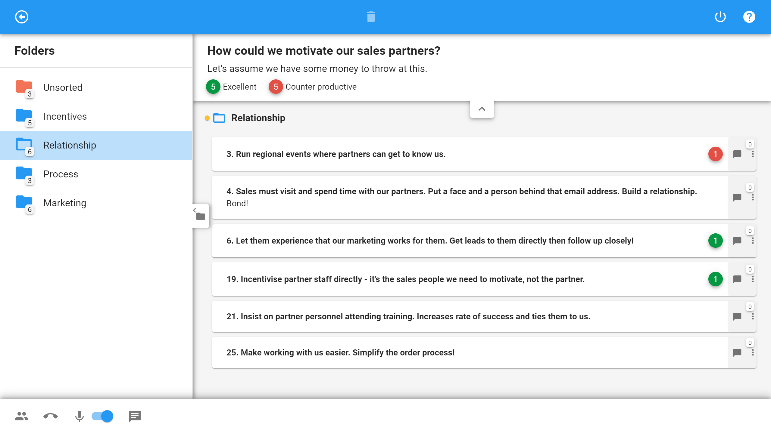 XLeap screenshot: Brainstorm workspace - Brainstorm and categorize ideas, mark up with sticky dots.
